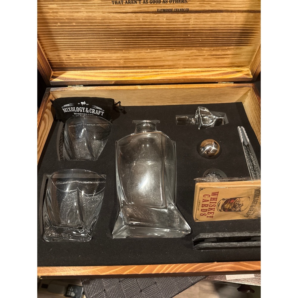 Mixology & Craft Whiskey Set Twisted Decanter Glasses Wood Box Chilling Stones - Picture 8 of 9